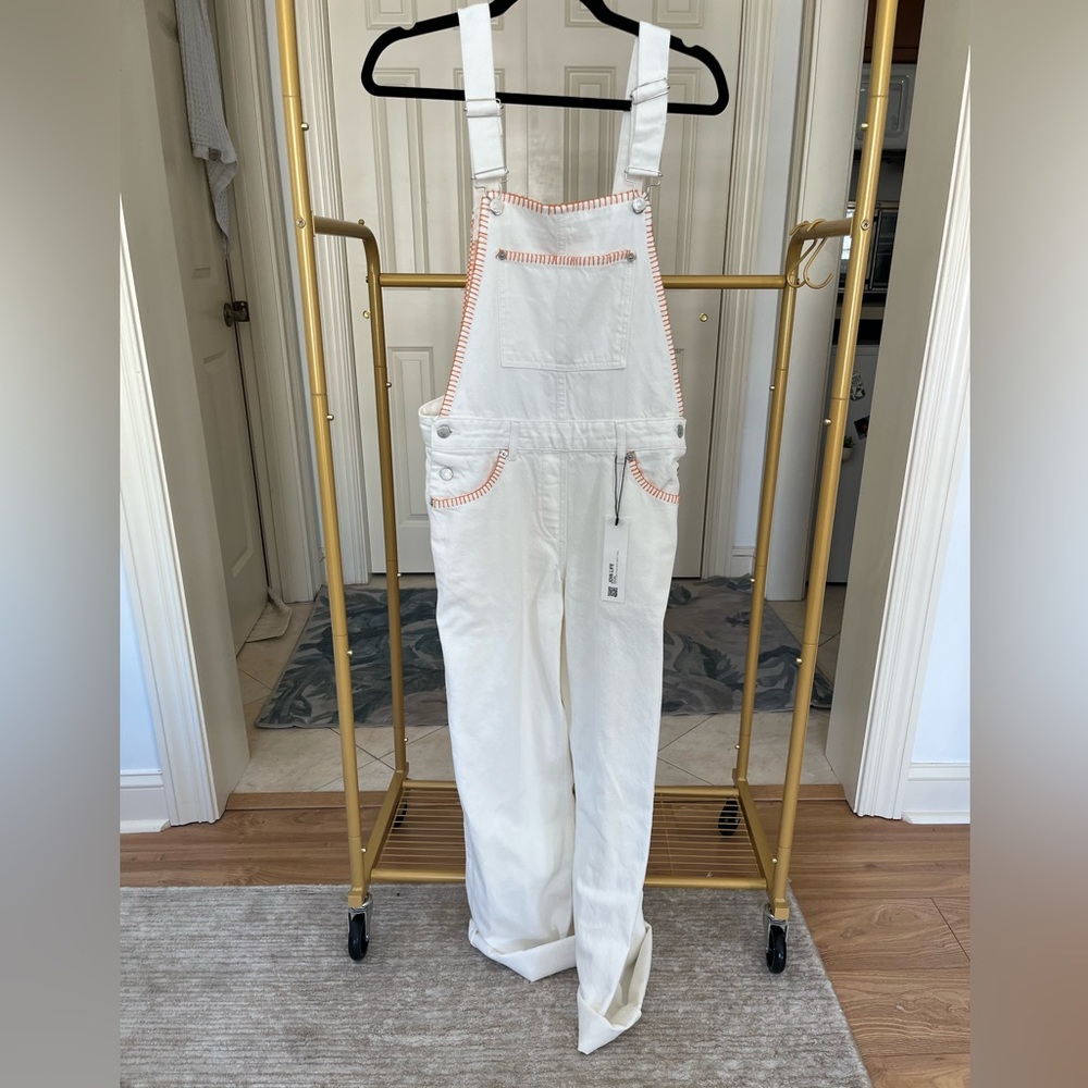 NWT- Zara white denim overalls. Orange embroidered detailing.